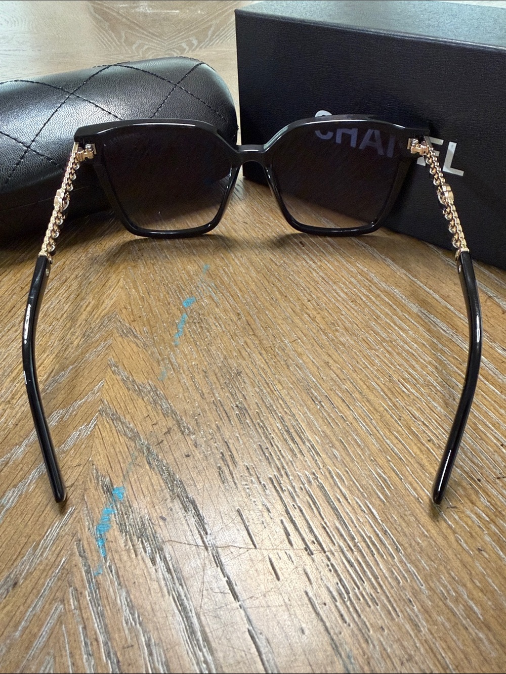 CHANEL Black & Gold leather Square Sunglasses with Gradient Lenses - Picture 10 of 10